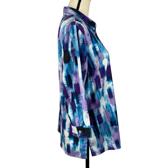 Chico’s SZ 2 (Large) Top Abstract Button-Up 3/4 Sleeves Side Slits Purple Blue - Picture 4 of 8